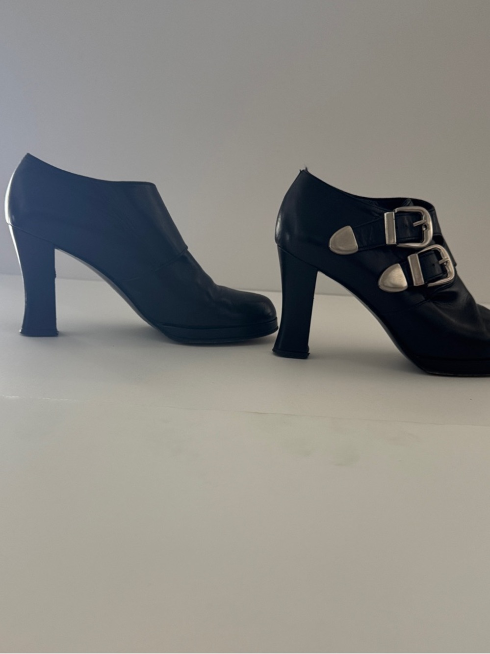 Black Leather Buckle High-Heel Ankle Pumps